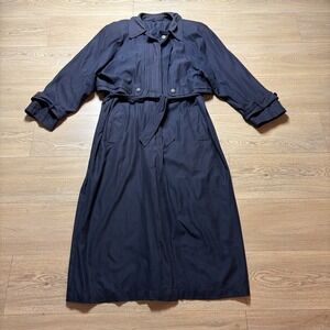Vintage American Bazaar Long Women's Trench Coat Size 14  Navy Blue Shoulder Pad